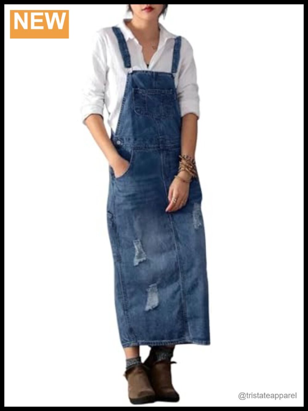 Distressed Denim Overall Dress A-Line Midi Pinafore Split Adjustable Strap